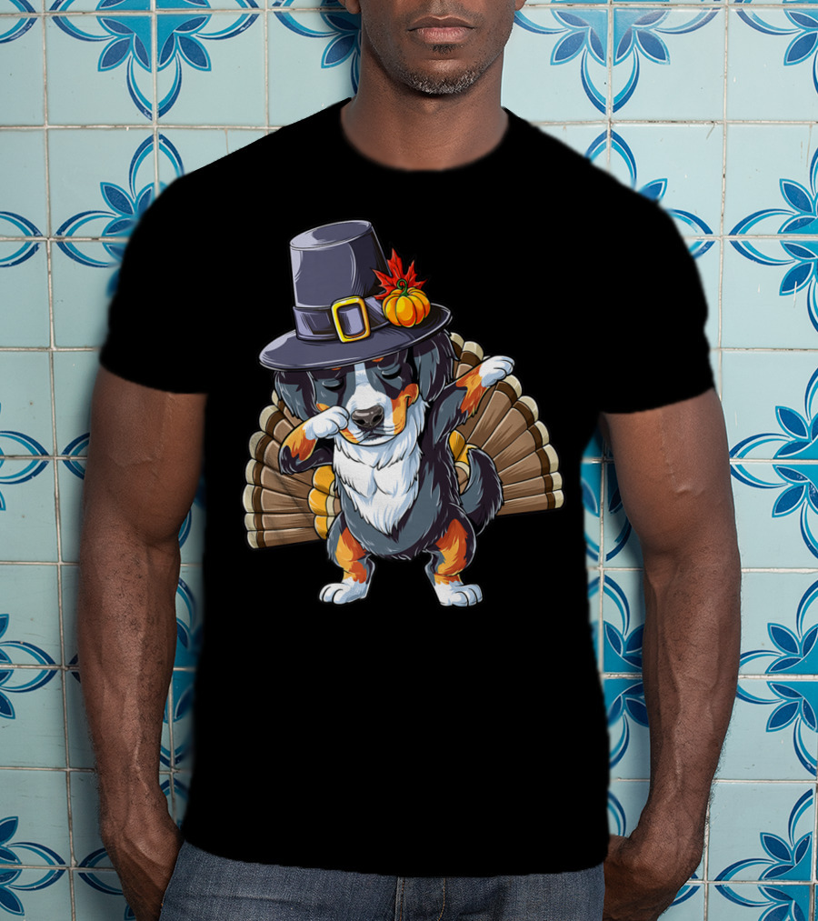 Thanksgiving Dabbing Bernese With Pilgrim Hat And Turkey Tail T-Shirt