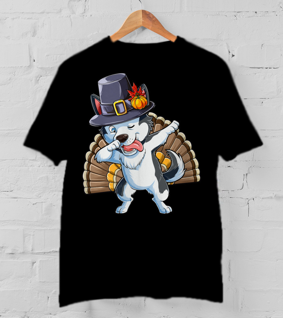 Thanksgiving Kids Dabbing Siberian Husky With Pilgrim Hat And Turkey Tail T-Shirt