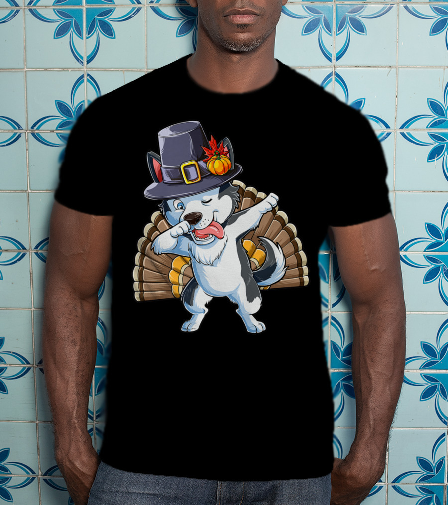 Thanksgiving Kids Dabbing Siberian Husky With Pilgrim Hat And Turkey Tail T-Shirt