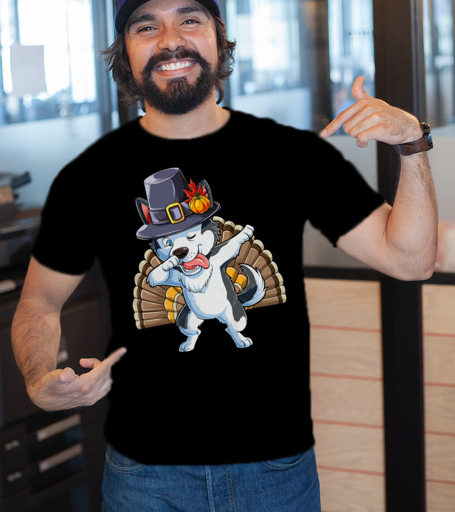 Thanksgiving Kids Dabbing Siberian Husky With Pilgrim Hat And Turkey Tail T-Shirt