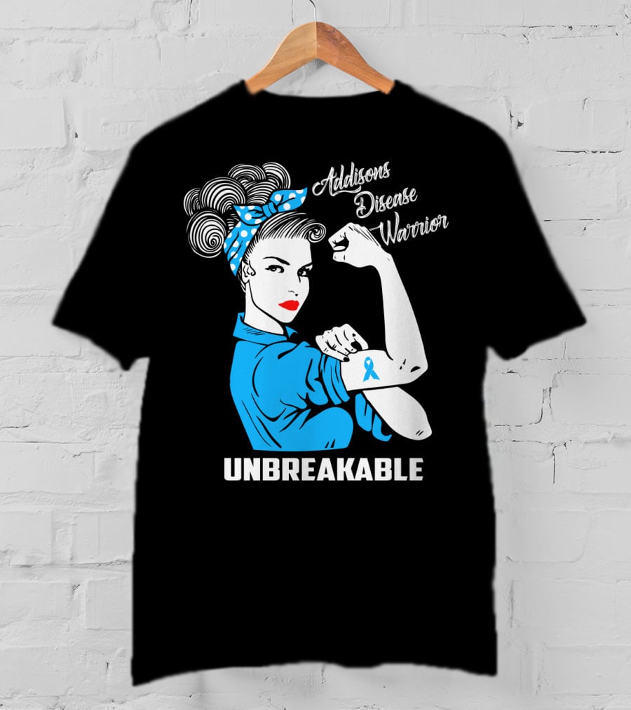 Addisons Disease Warrior Unbreakable Awareness Woman With Ribbon T-Shirt