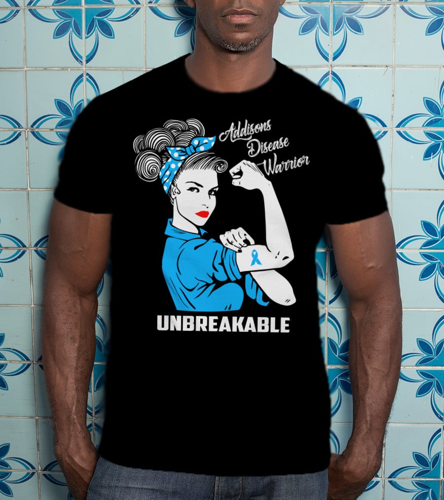 Addisons Disease Warrior Unbreakable Awareness Woman With Ribbon T-Shirt