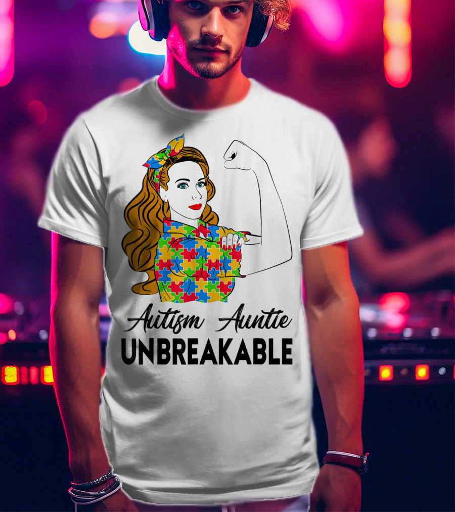 Unbreakable Auntie Autism Awareness Puzzle Colors Rosie The Riveter T-Shirt
