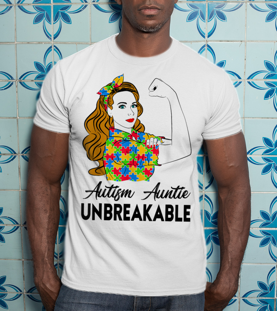 Unbreakable Auntie Autism Awareness Puzzle Colors Rosie The Riveter T-Shirt