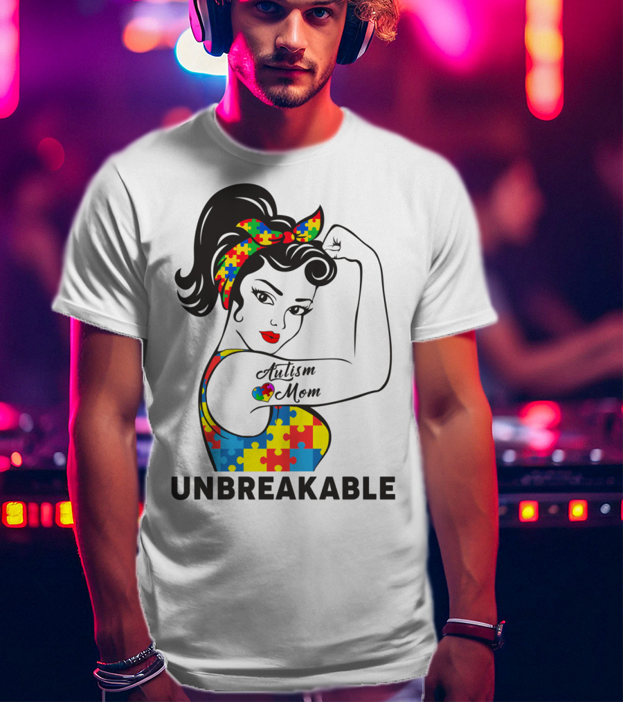 Autism Awareness Unbreakable Autism Mom Puzzle T-Shirt