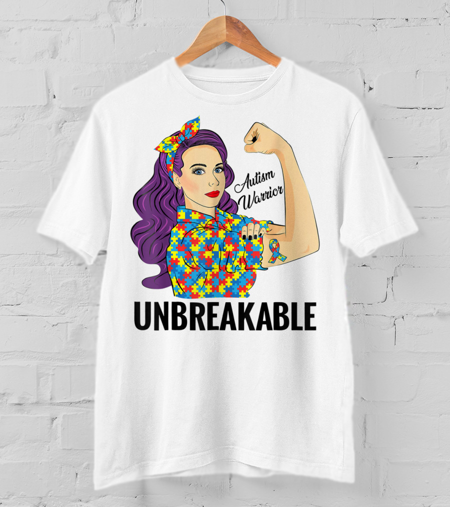Autism Awareness Warrior Unbreakable Puzzle Ribbon Rosie The Riveter T-Shirt