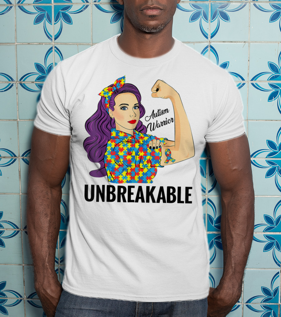 Autism Awareness Warrior Unbreakable Puzzle Ribbon Rosie The Riveter T-Shirt