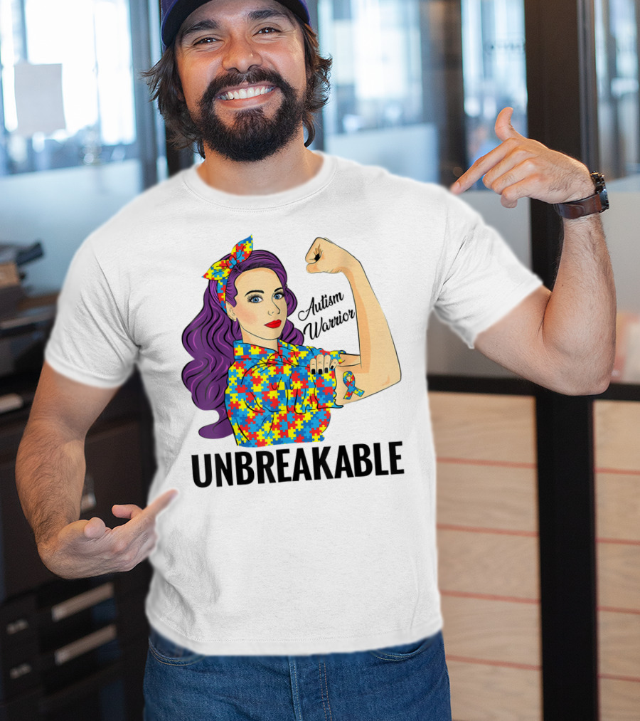 Autism Awareness Warrior Unbreakable Puzzle Ribbon Rosie The Riveter T-Shirt