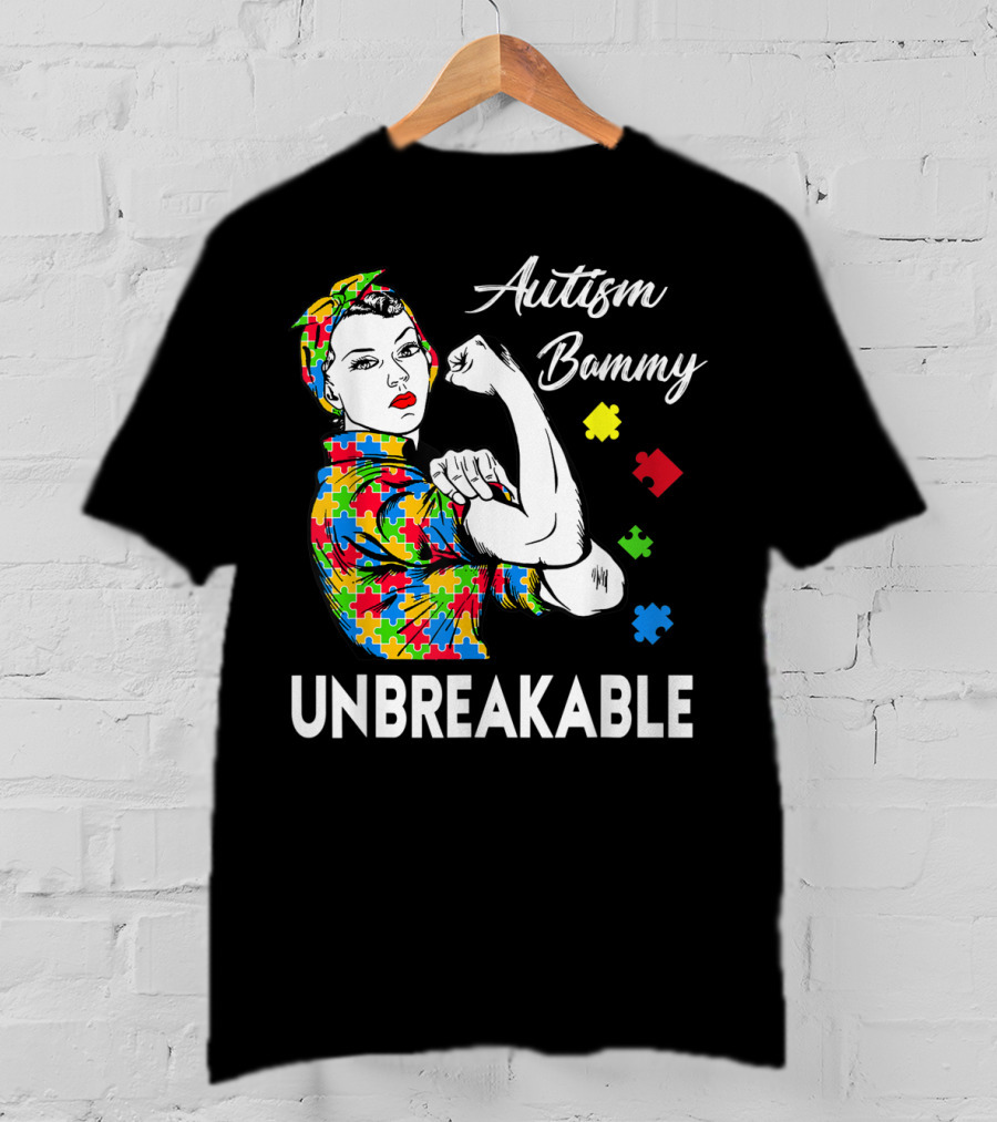 Autism Bammy Unbreakable Awareness Puzzle Piece Rosie The Riveter T-Shirt