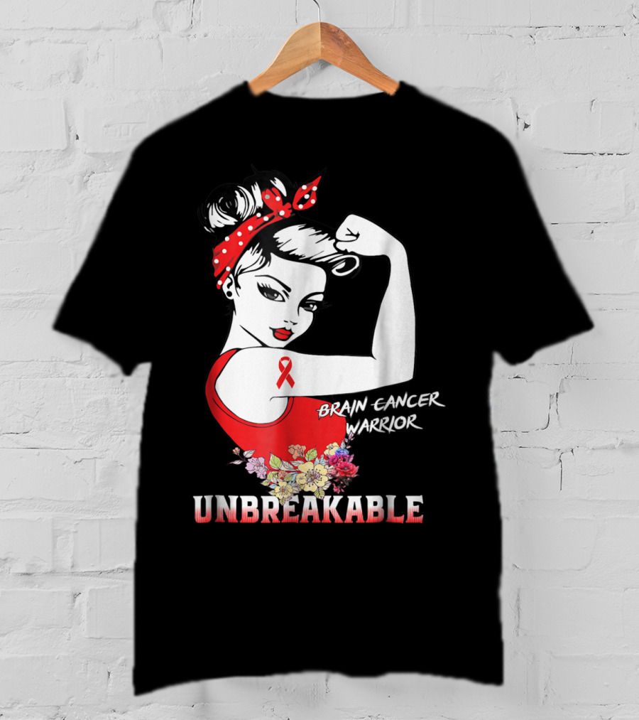 Unbreakable Brain Cancer Warrior With Awareness Ribbon And Floral Accents T-Shirt