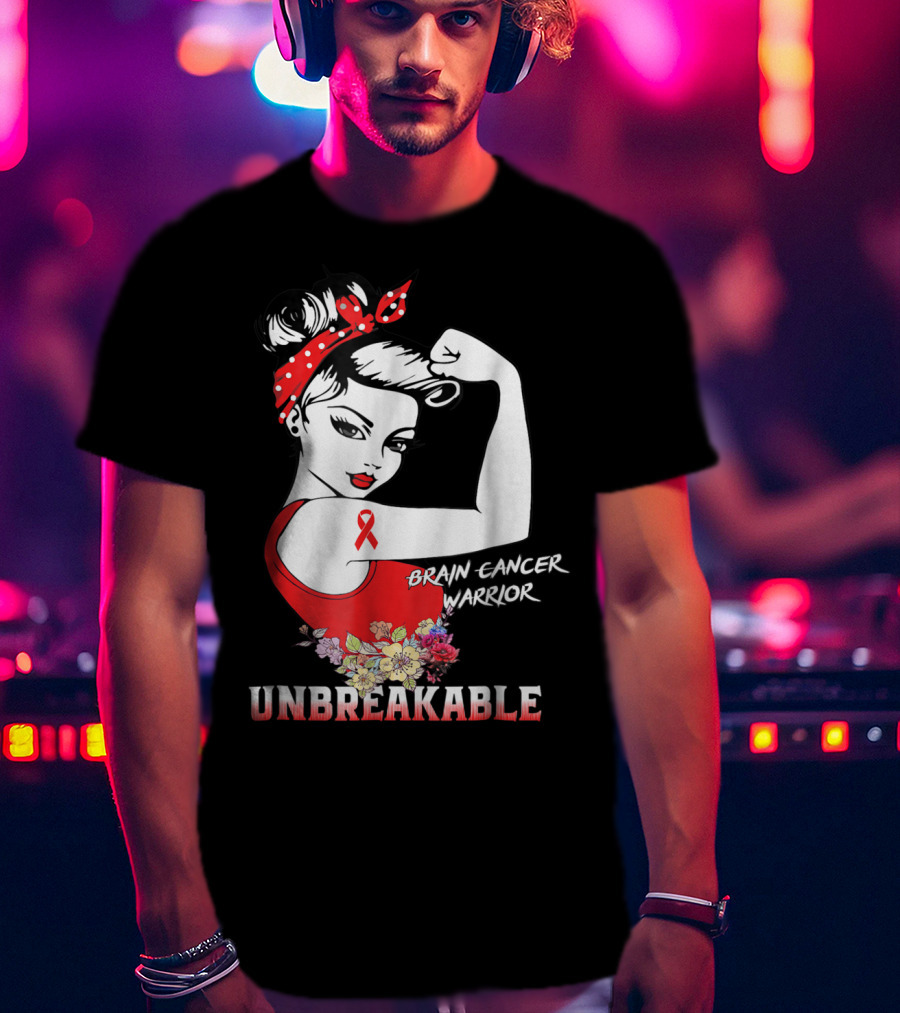 Unbreakable Brain Cancer Warrior With Awareness Ribbon And Floral Accents T-Shirt