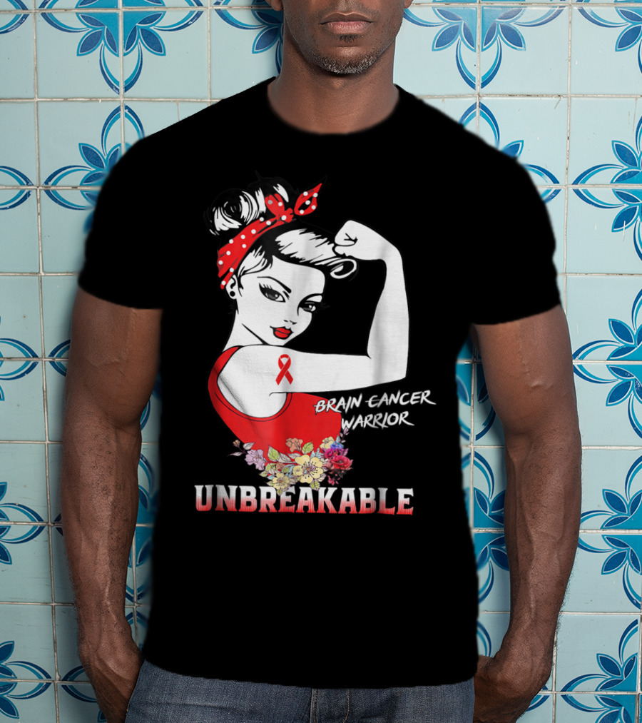 Unbreakable Brain Cancer Warrior With Awareness Ribbon And Floral Accents T-Shirt