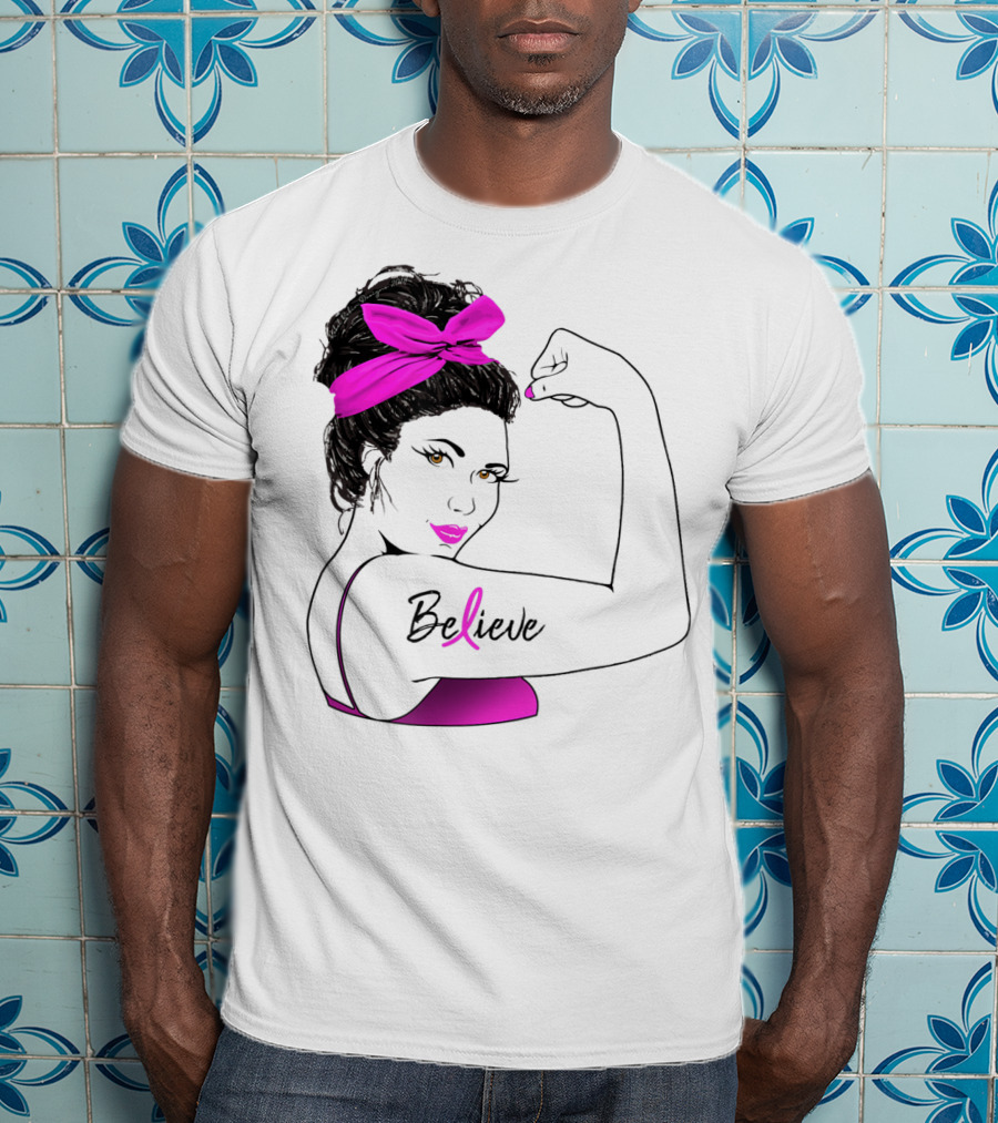 Breast Cancer Believe Unbreakable Rosie Pink Ribbon Power T-Shirt