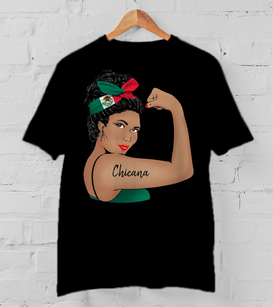 Chicana Girl Flexing With Mexican Flag Hair Wrap Unbreakable Strong T-Shirt