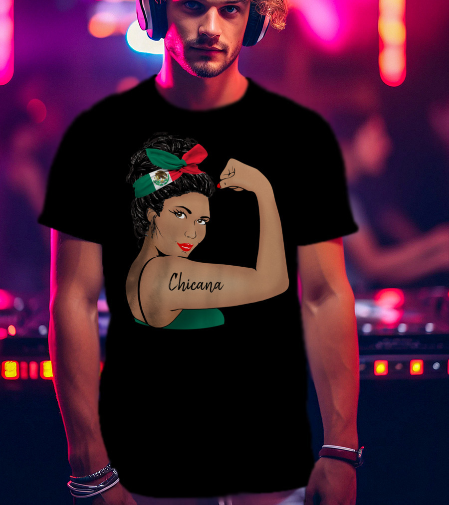 Chicana Girl Flexing With Mexican Flag Hair Wrap Unbreakable Strong T-Shirt
