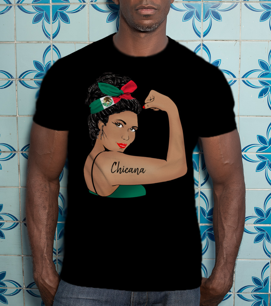 Chicana Girl Flexing With Mexican Flag Hair Wrap Unbreakable Strong T-Shirt
