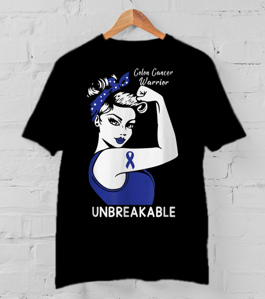 Colon Cancer Warrior Unbreakable Strength Ribbon Rosie The Riveter Inspired T-Shirt