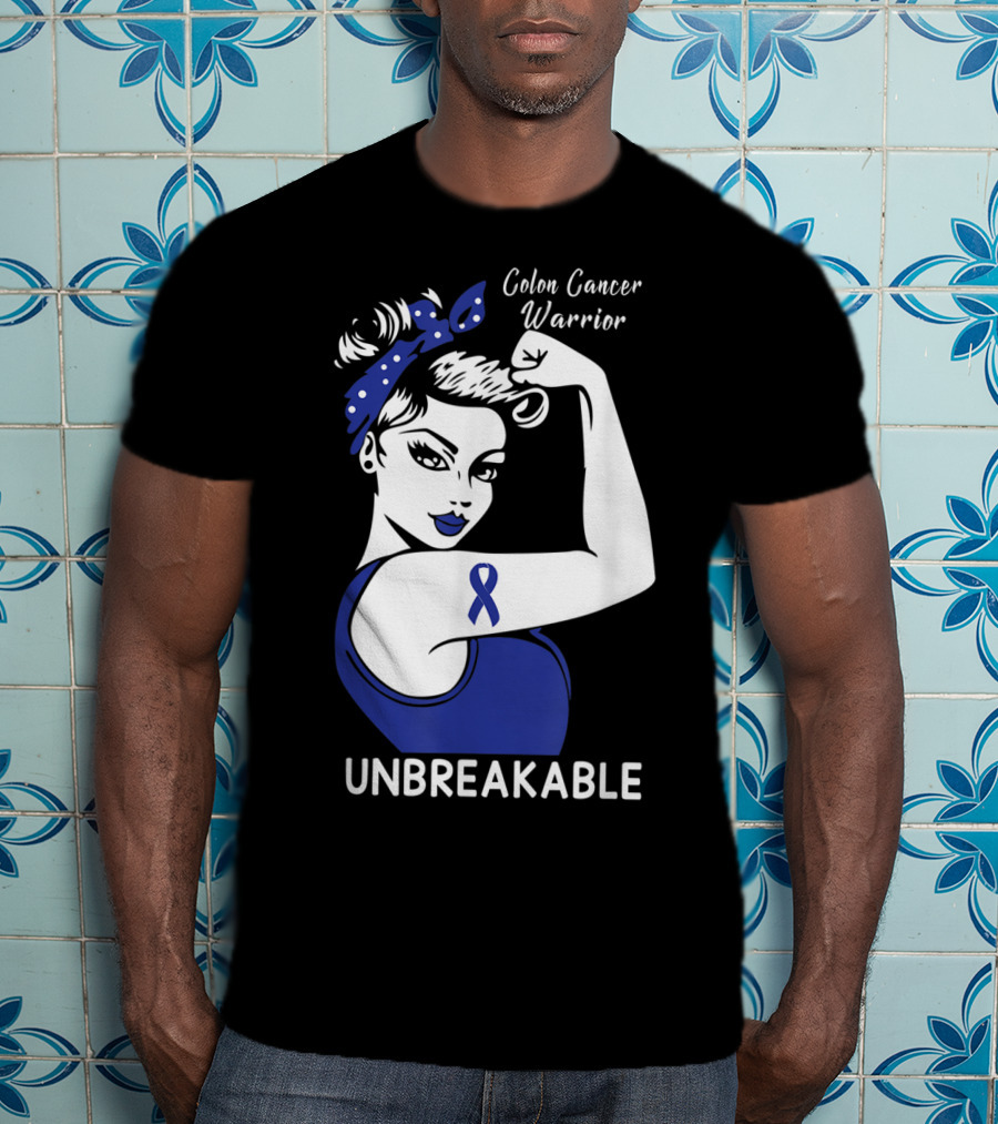Colon Cancer Warrior Unbreakable Strength Ribbon Rosie The Riveter Inspired T-Shirt
