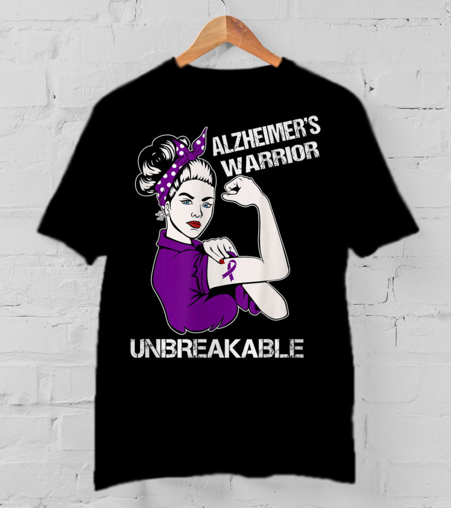 Alzheimer's Warrior Unbreakable Rosie The Riveter Style Purple Awareness T-Shirt