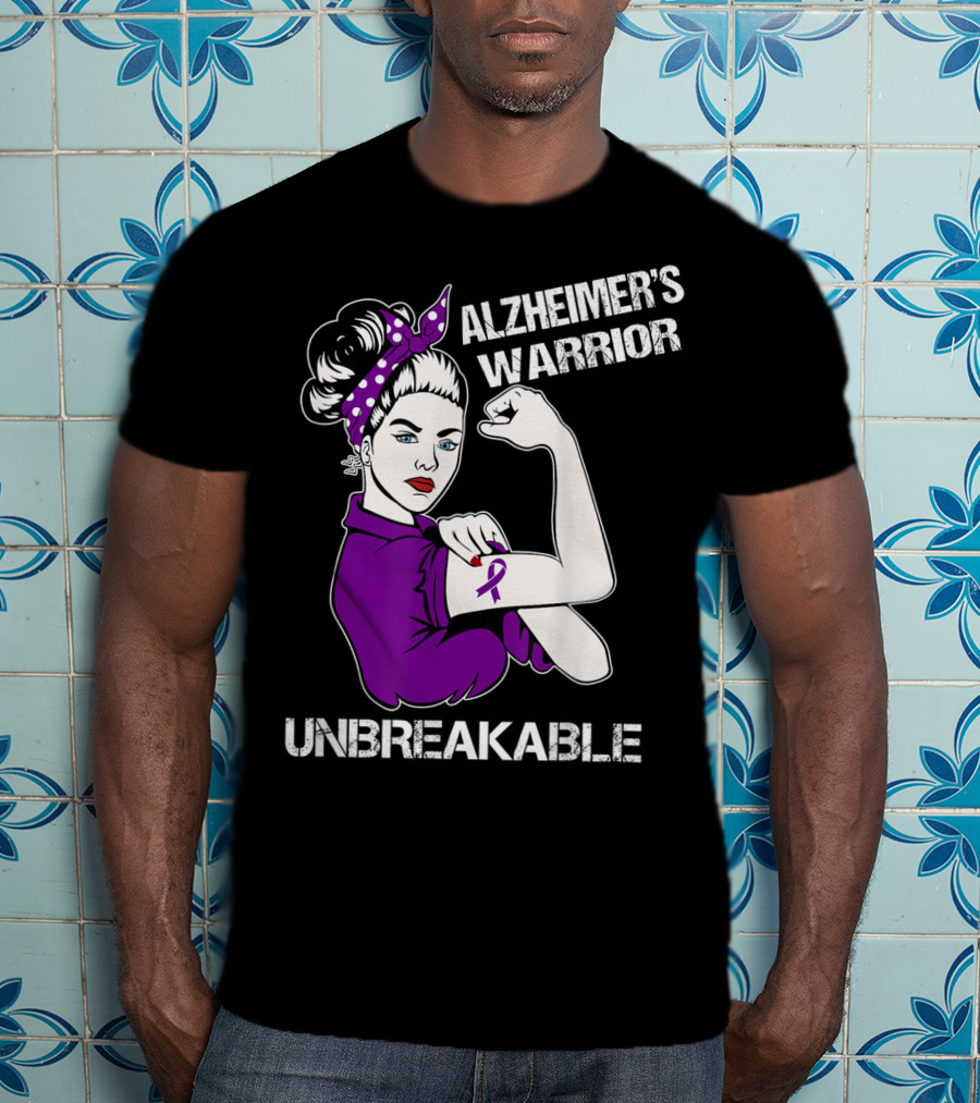Alzheimer's Warrior Unbreakable Rosie The Riveter Style Purple Awareness T-Shirt