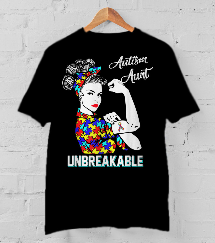 Autism Aunt Unbreakable Rosie The Riveter Puzzle Ribbon Awareness T-Shirt