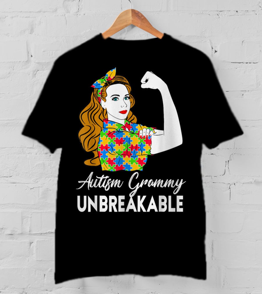 Autism Grammy Unbreakable Rosie Riveter Puzzle Piece Awareness T-Shirt