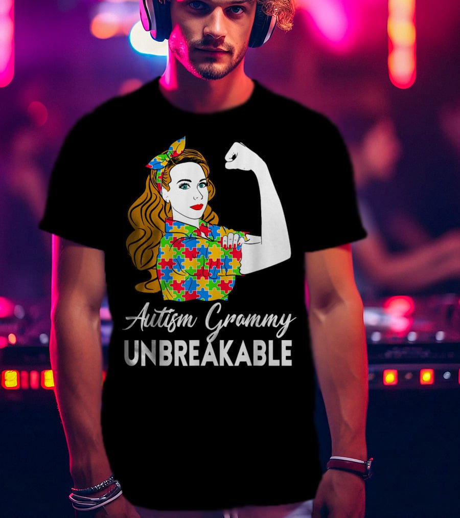 Autism Grammy Unbreakable Rosie Riveter Puzzle Piece Awareness T-Shirt