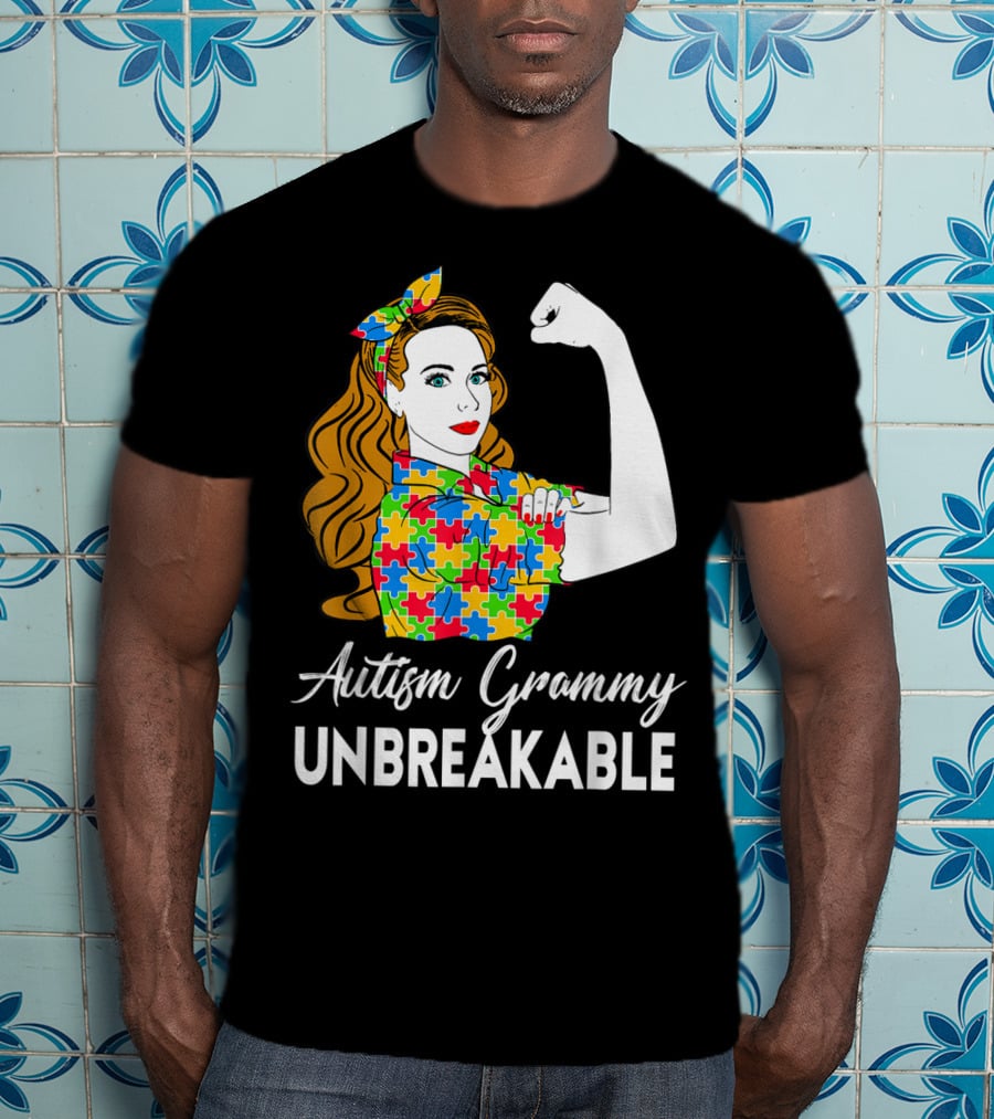 Autism Grammy Unbreakable Rosie Riveter Puzzle Piece Awareness T-Shirt