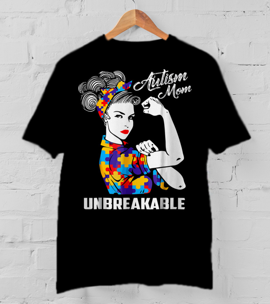 Autism Mom Unbreakable Autism Awareness Rosie The Riveter Puzzle T-Shirt