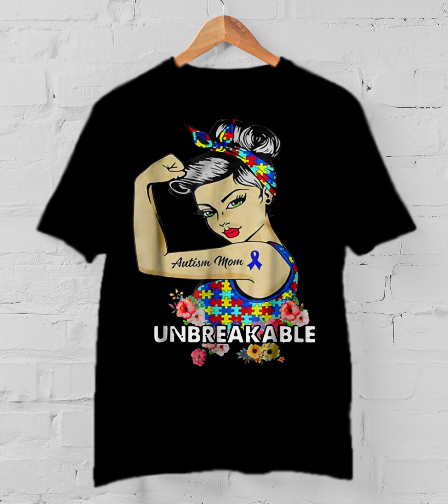 Unbreakable Autism Mom Awareness Month Puzzle Ribbon Flowers T-Shirt