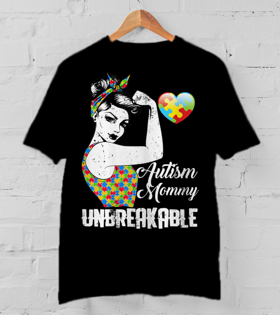 Autism Mommy Unbreakable Puzzle Heart Rosie The Riveter T-Shirt