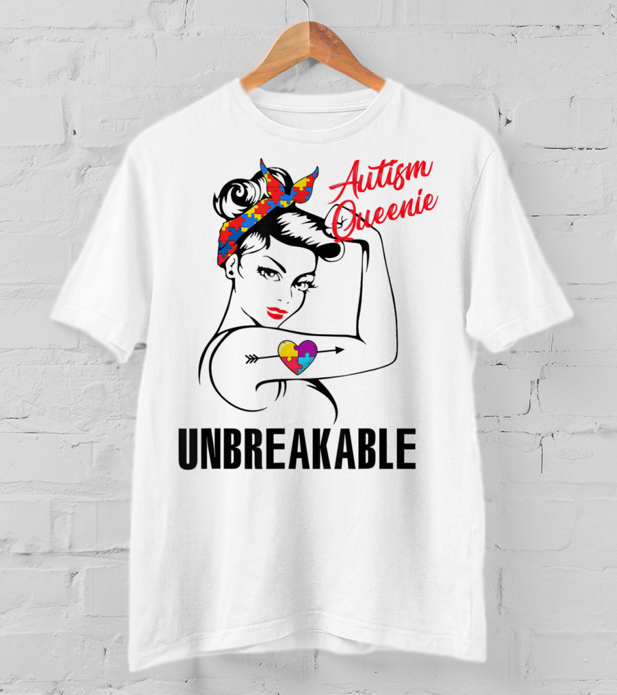 Autism Queenie Unbreakable With Puzzle Heart And Headscarf T-Shirt