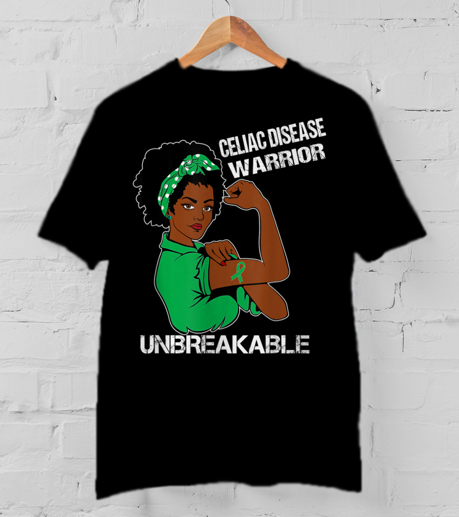 Celiac Disease Warrior Unbreakable With Empowering Arm Pose And Green Awareness T-Shirt