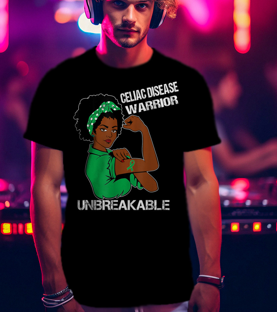 Celiac Disease Warrior Unbreakable With Empowering Arm Pose And Green Awareness T-Shirt
