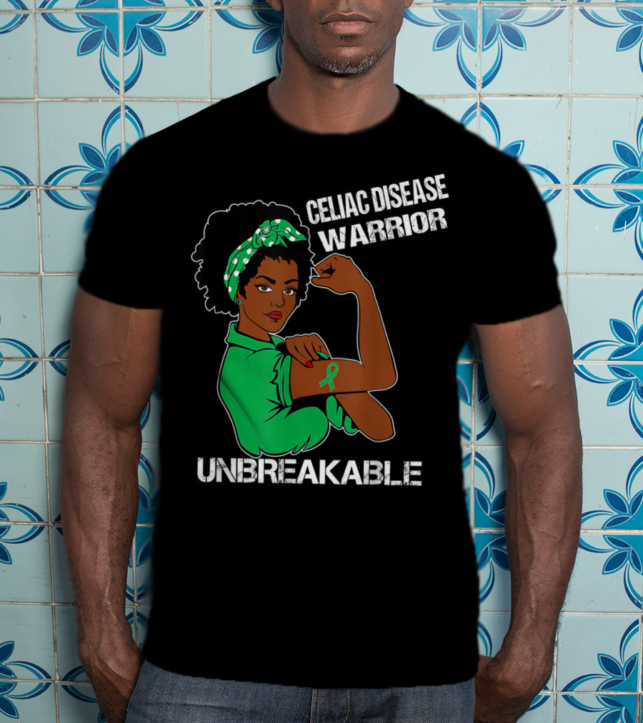 Celiac Disease Warrior Unbreakable With Empowering Arm Pose And Green Awareness T-Shirt