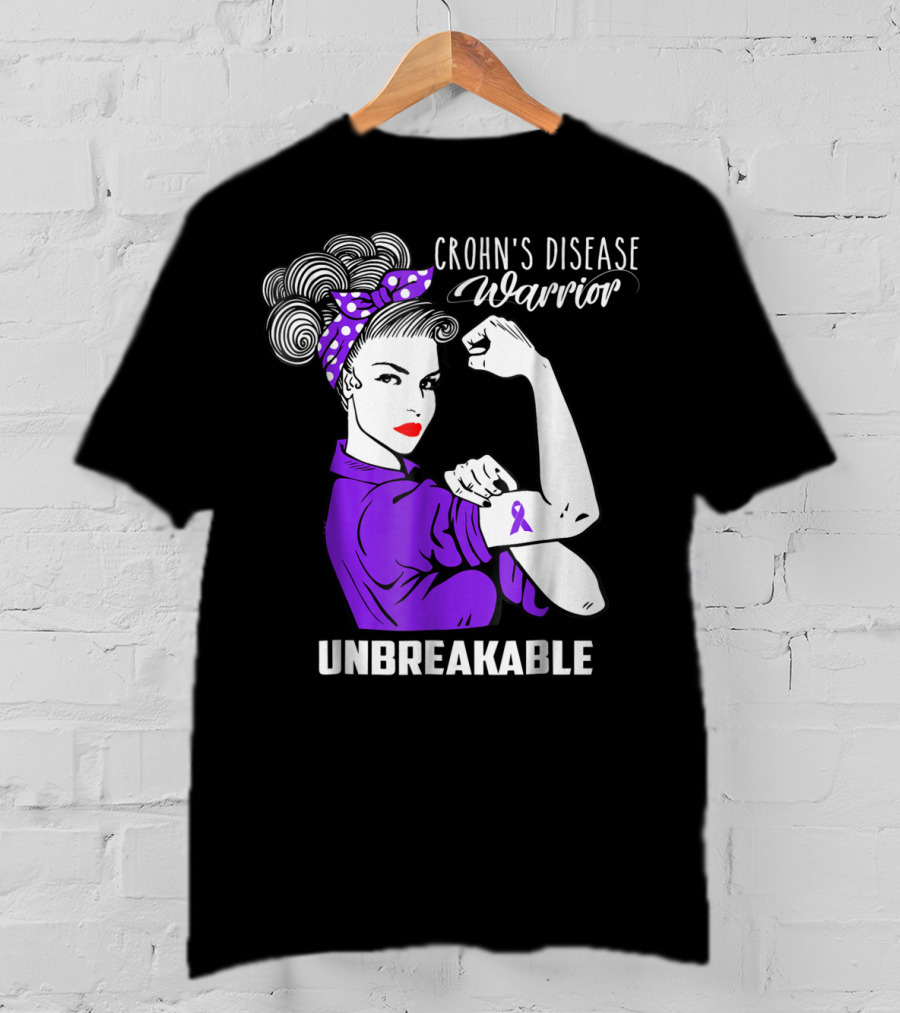 Crohn's Disease Warrior Unbreakable Awareness With Purple Ribbon Rosie The Riveter T-Shirt