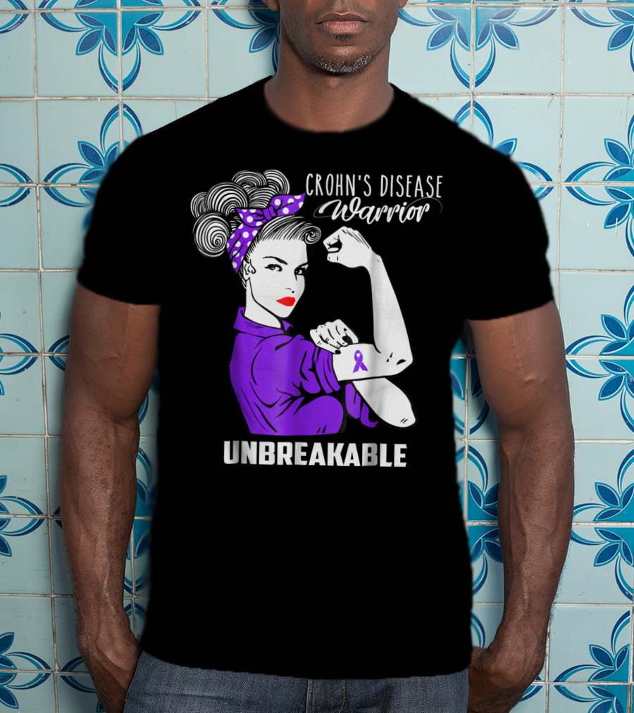 Crohn's Disease Warrior Unbreakable Awareness With Purple Ribbon Rosie The Riveter T-Shirt