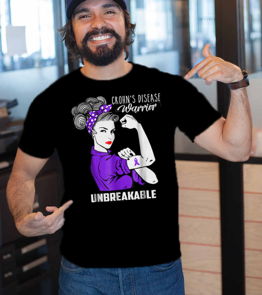 Crohn's Disease Warrior Unbreakable Awareness With Purple Ribbon Rosie The Riveter T-Shirt