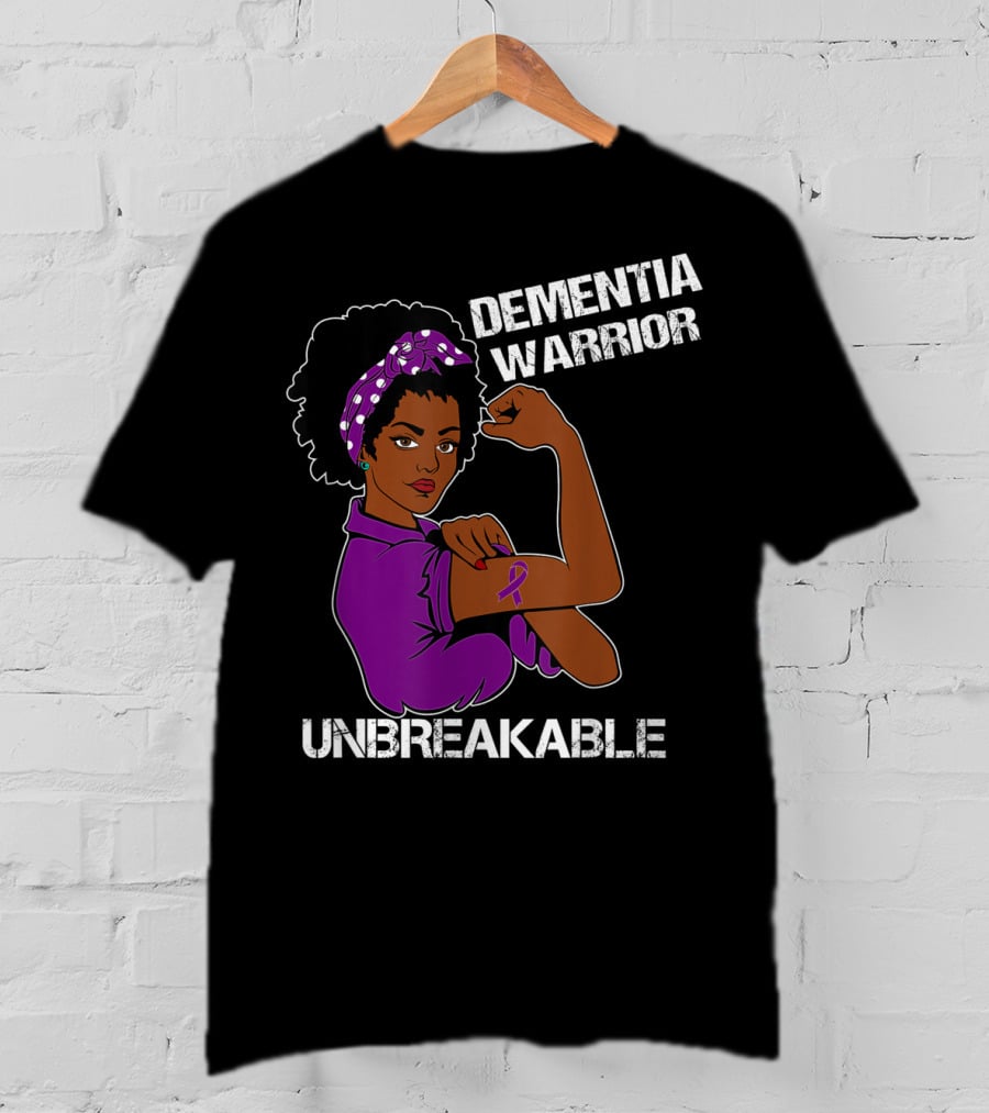 Dementia Warrior Unbreakable Rosie The Riveter Woman With Purple Awareness T-Shirt