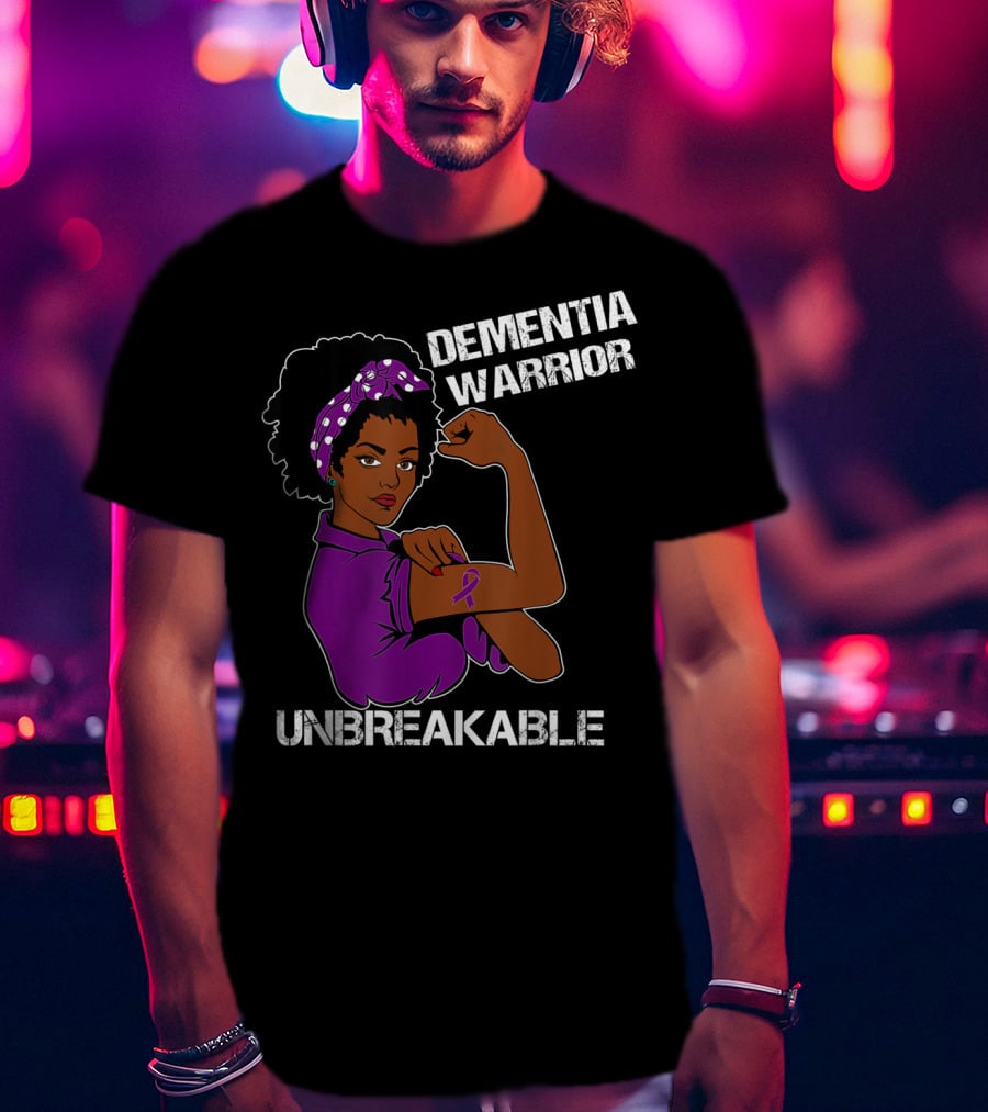 Dementia Warrior Unbreakable Rosie The Riveter Woman With Purple Awareness T-Shirt