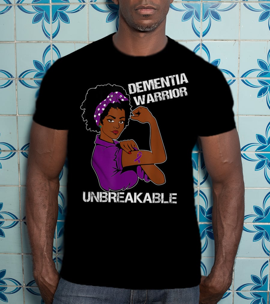 Dementia Warrior Unbreakable Rosie The Riveter Woman With Purple Awareness T-Shirt