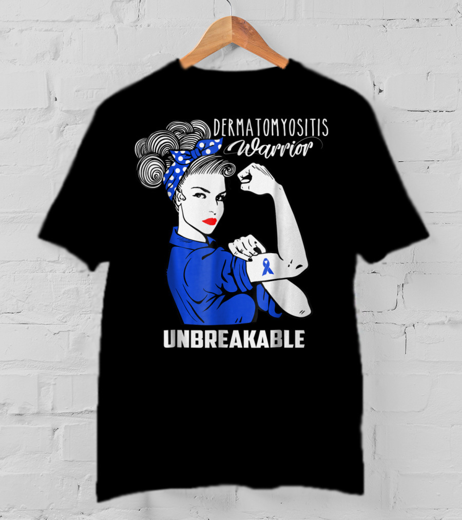 Dermatomyositis Warrior Unbreakable Awareness Flexing Rosie Icon With Blue T-Shirt