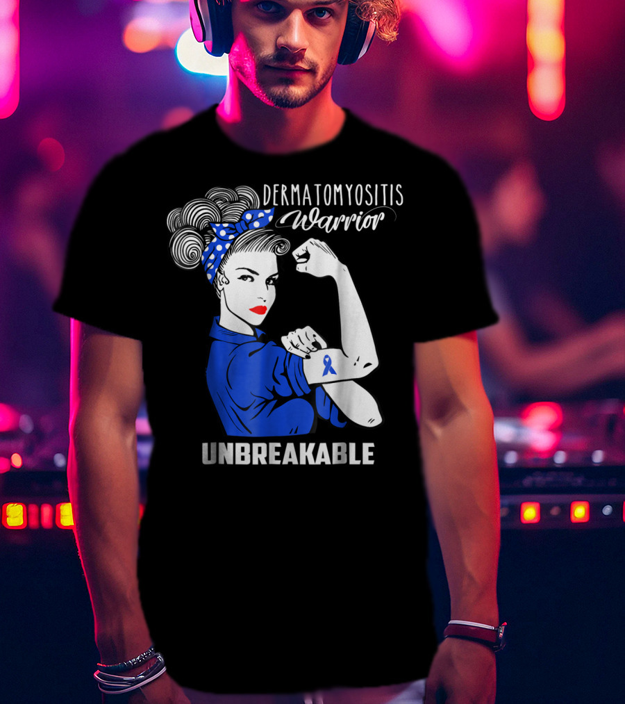 Dermatomyositis Warrior Unbreakable Awareness Flexing Rosie Icon With Blue T-Shirt
