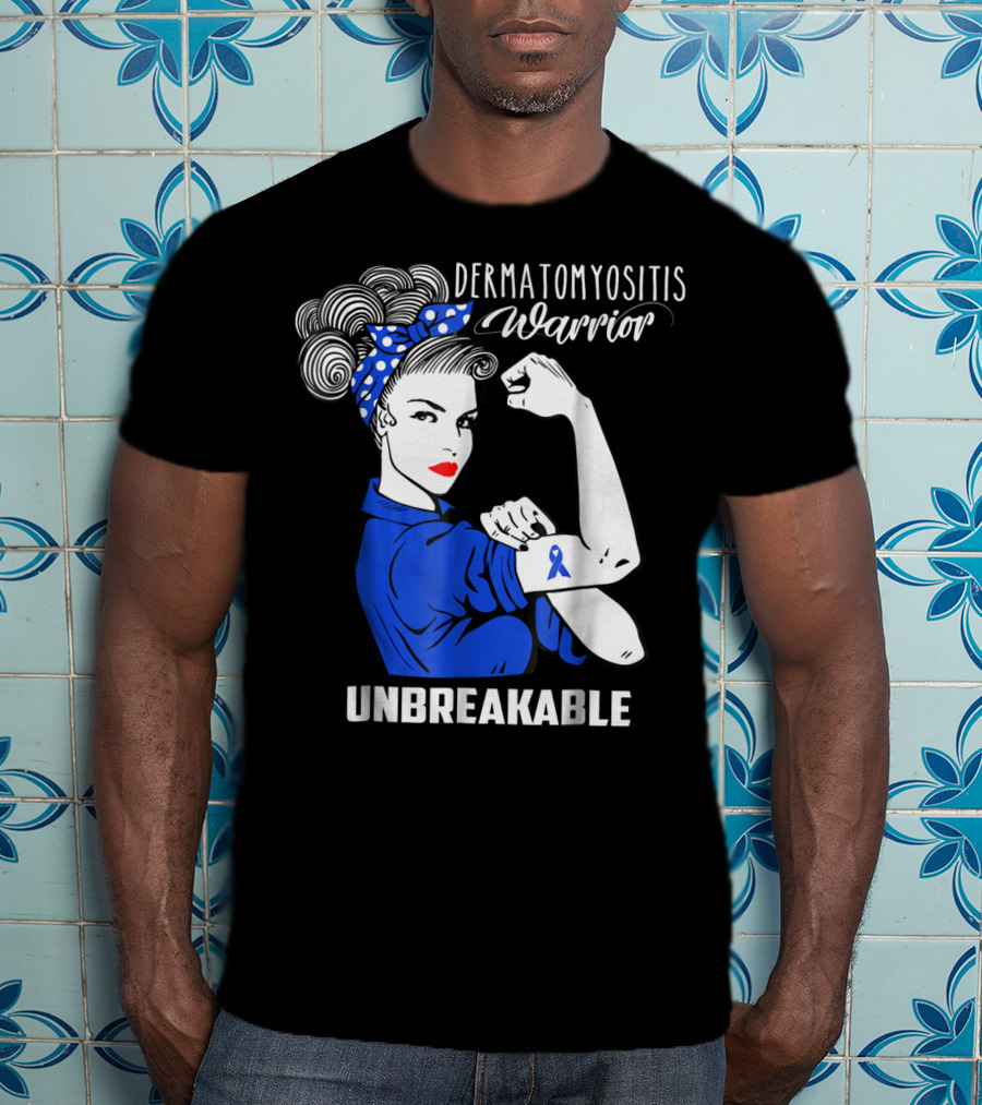 Dermatomyositis Warrior Unbreakable Awareness Flexing Rosie Icon With Blue T-Shirt
