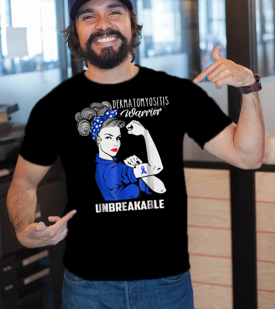 Dermatomyositis Warrior Unbreakable Awareness Flexing Rosie Icon With Blue T-Shirt