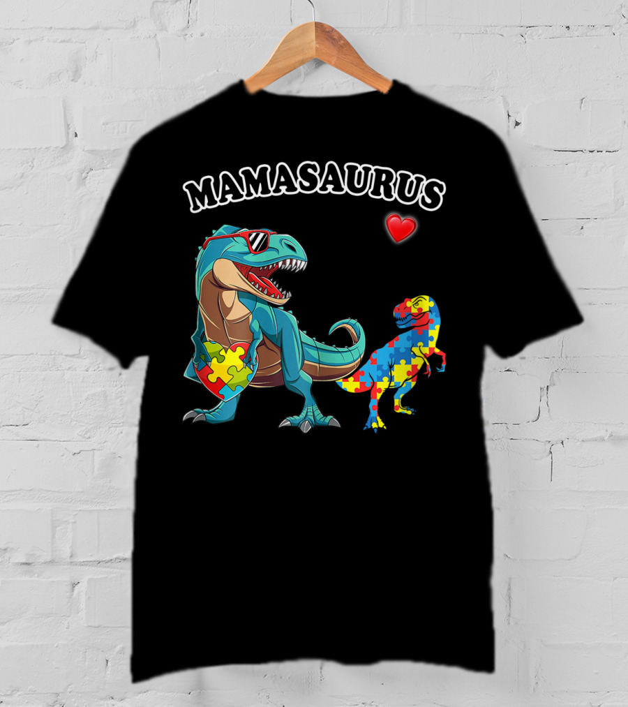 Mamasaurus Dinosaur Heart Puzzle Autism Awareness T-Shirt