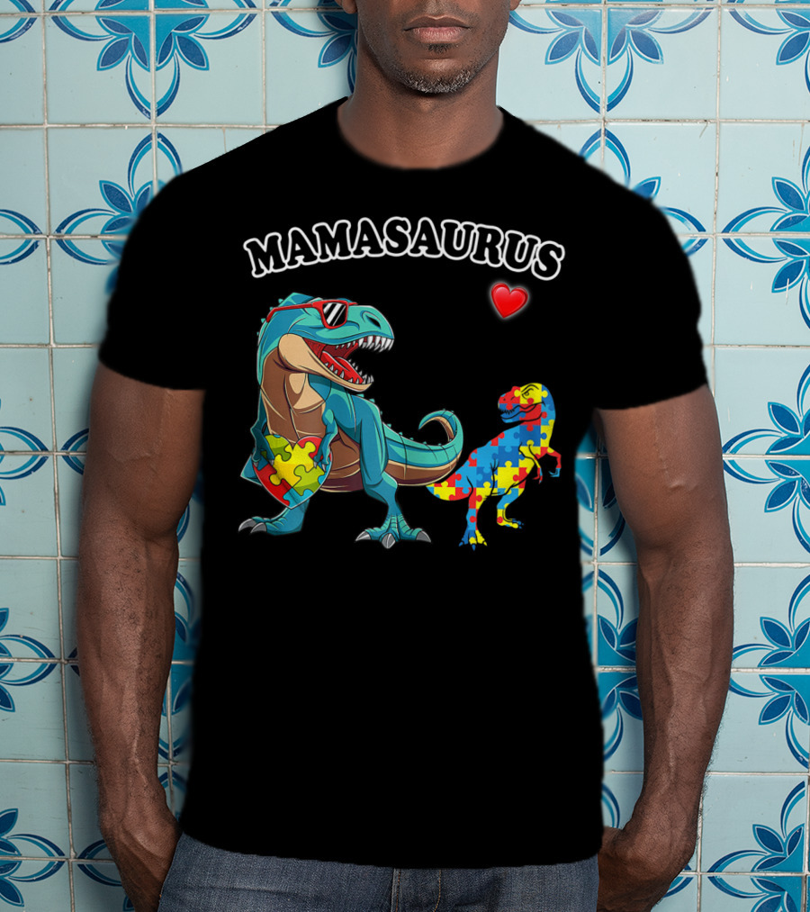 Mamasaurus Dinosaur Heart Puzzle Autism Awareness T-Shirt