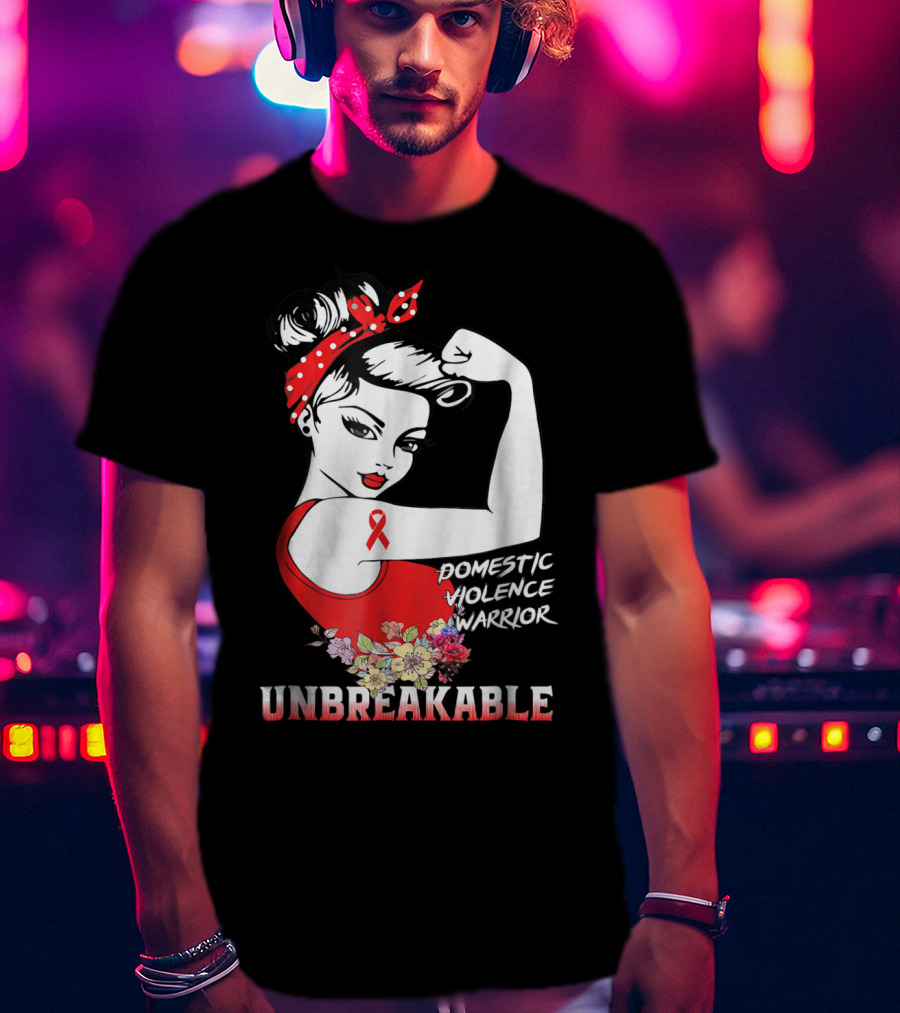 Domestic Violence Warrior Unbreakable Red Ribbon Rosie The Riveter Floral T-Shirt