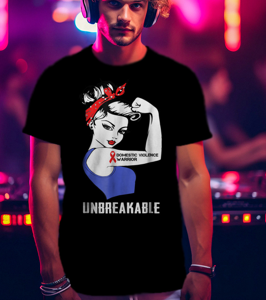Domestic Violence Warrior Unbreakable Rosie Riveter Red Ribbon T-Shirt