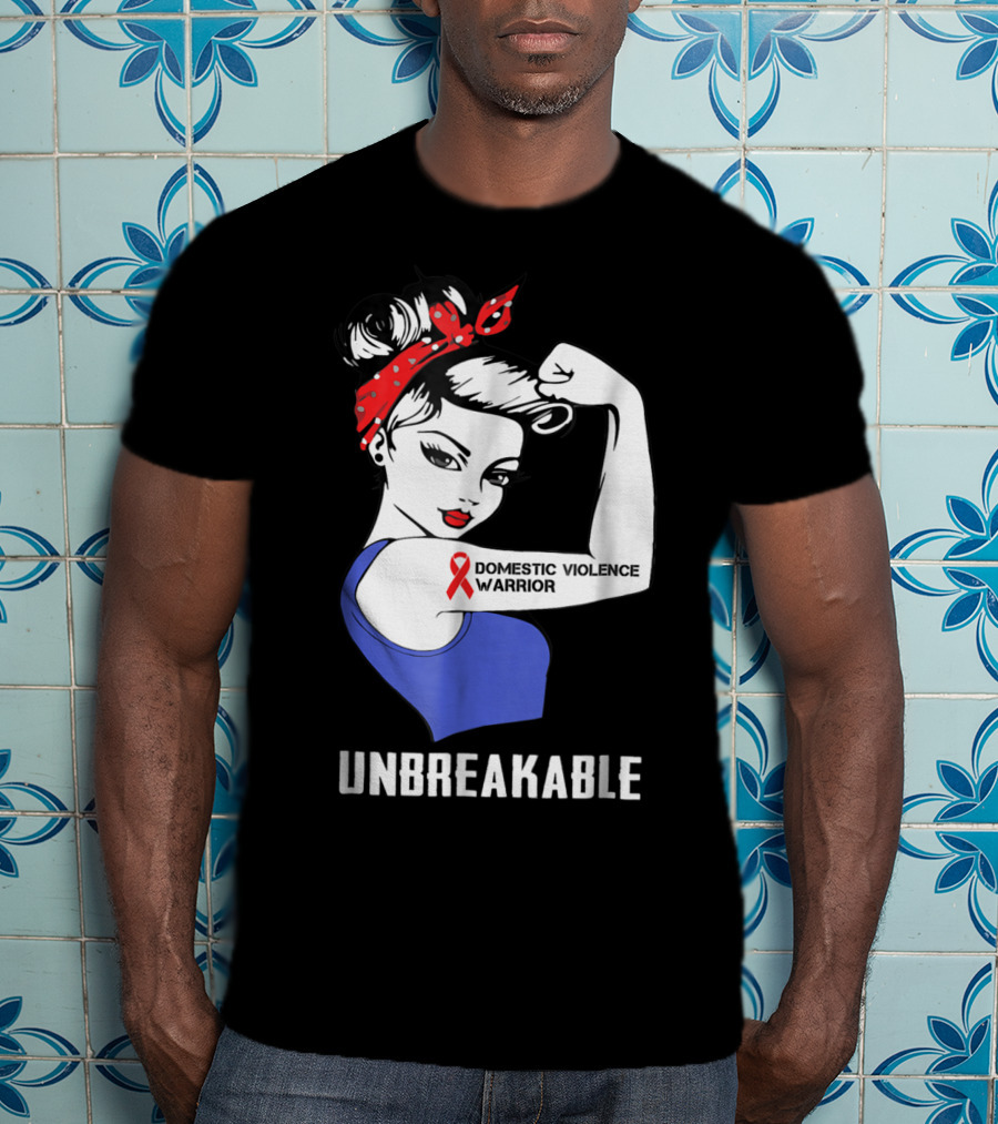 Domestic Violence Warrior Unbreakable Rosie Riveter Red Ribbon T-Shirt